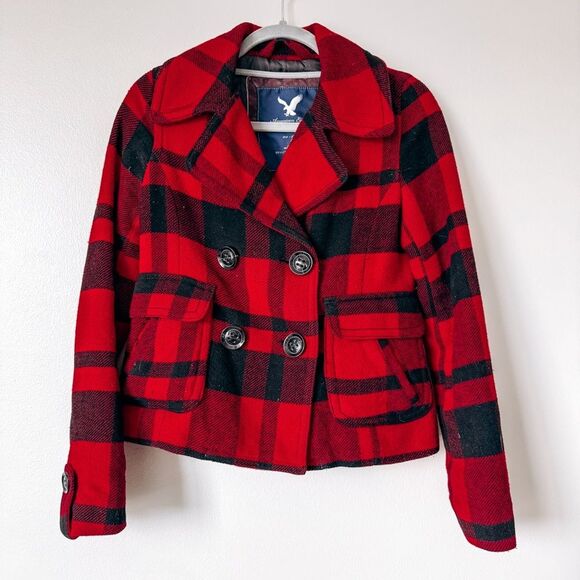 American Eagle Red Plaid Pea Coat Size XS - Picture 2 of 6